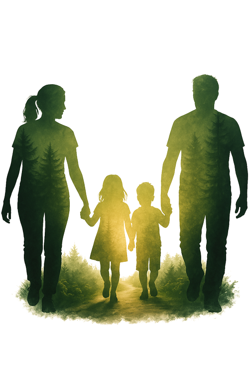 Silhouette einer Familie, die gemeinsam durch einen Waldweg ins Licht geht – Symbol für Orientierung, Zusammenhalt und einen neuen Anfang bei Talimo Jugend- und Familienhilfe in Berlin.