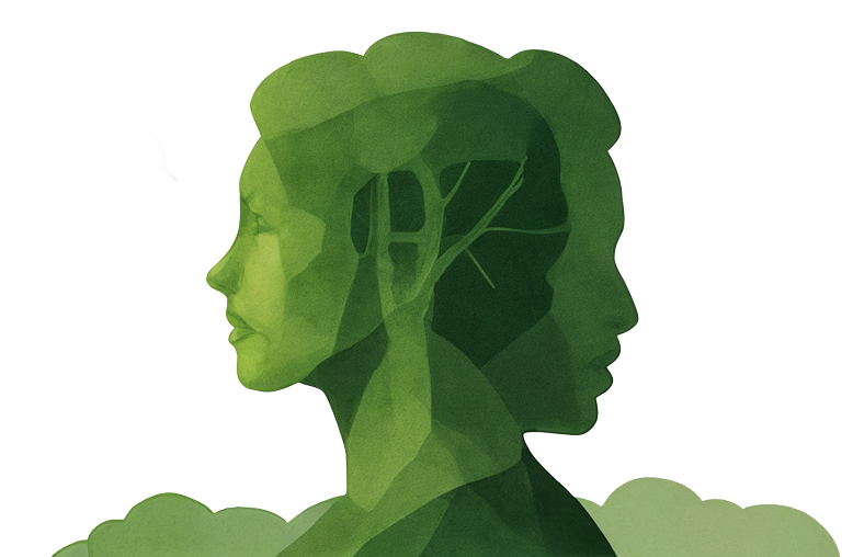 Illustration zweier überlagerter Gesichter mit Bäumen im Inneren als Symbol für psychische Gesundheit und innere Entwicklung