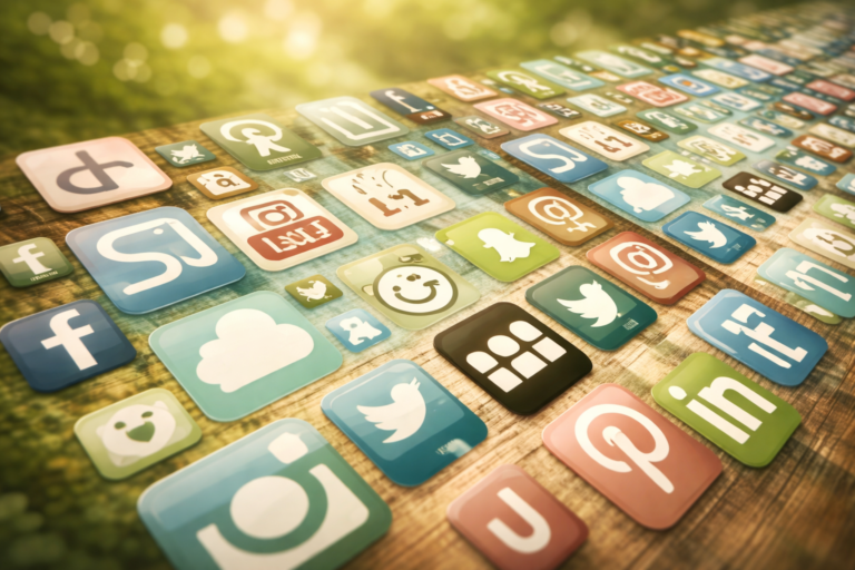 Sammlung Social Media Logos auf Waldhintergrund